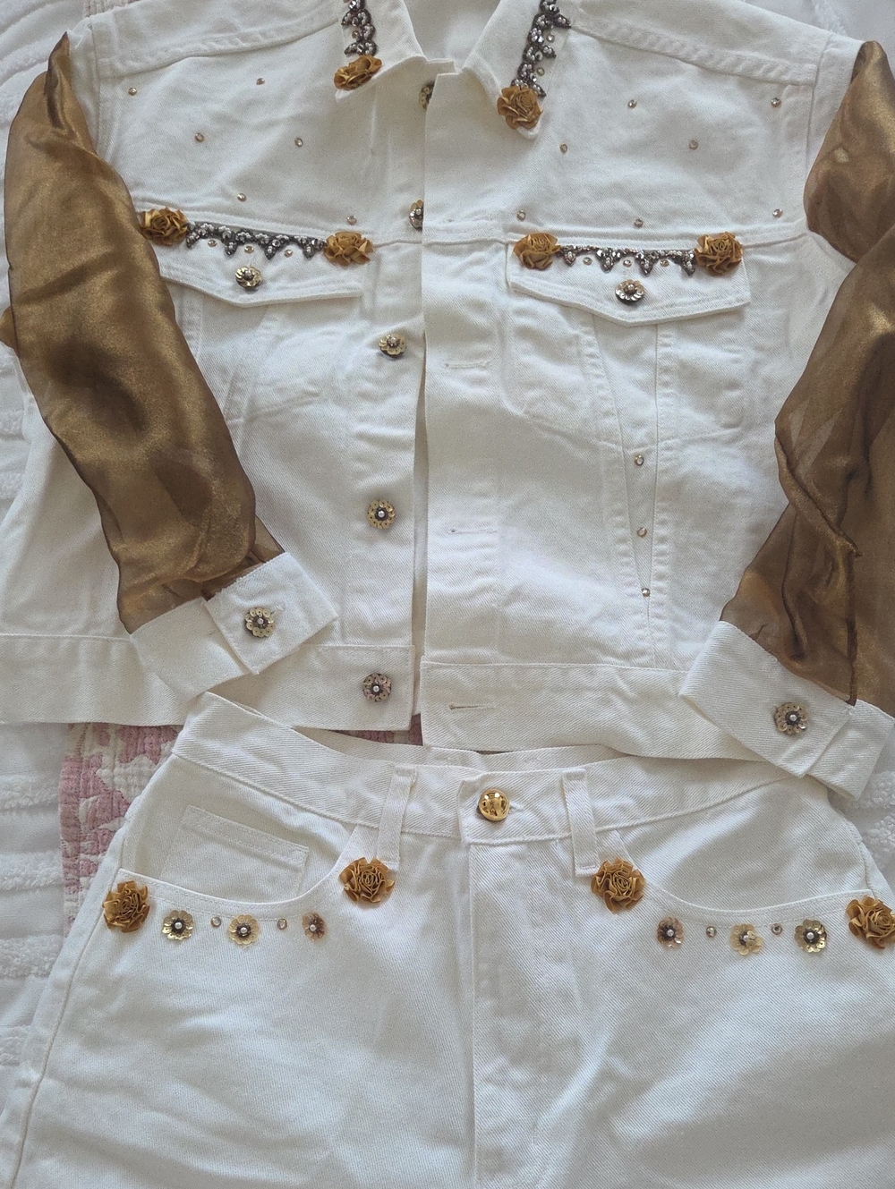 Cache White Denim Jacket & Jeans with Gold Accents